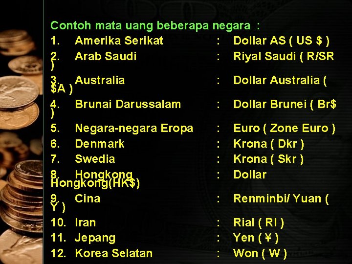 Contoh mata uang beberapa negara : 1. Amerika Serikat : Dollar AS ( US