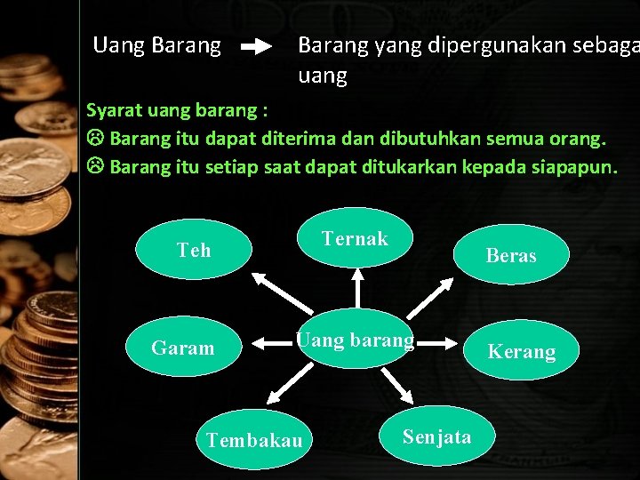 Uang Barang yang dipergunakan sebaga uang Syarat uang barang : Barang itu dapat diterima