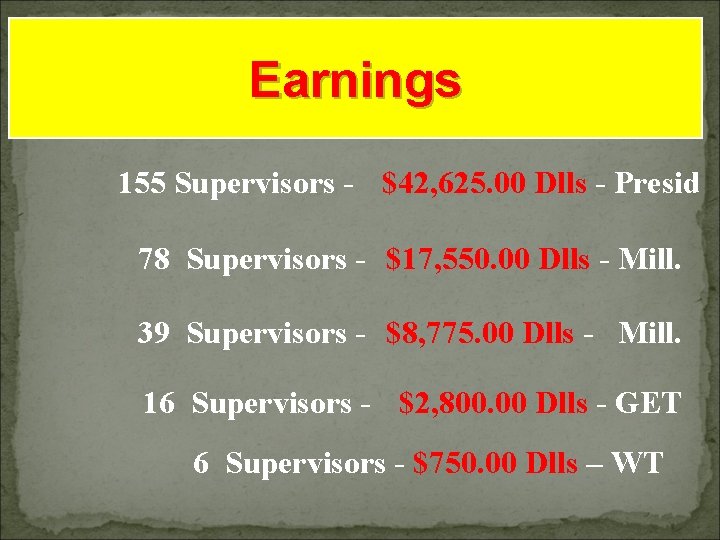 Earnings 155 Supervisors - $42, 625. 00 Dlls - Presid 78 Supervisors - $17,