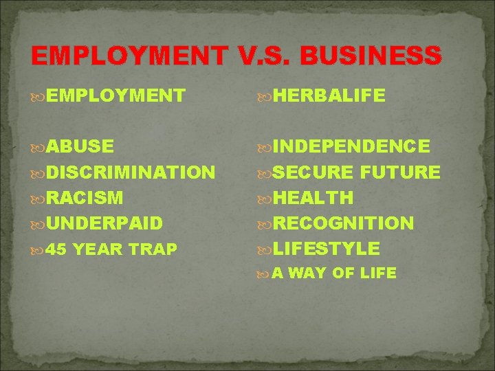 EMPLOYMENT V. S. BUSINESS EMPLOYMENT HERBALIFE ABUSE INDEPENDENCE DISCRIMINATION SECURE FUTURE RACISM HEALTH UNDERPAID