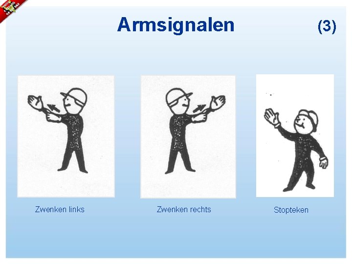 Armsignalen Zwenken links Zwenken rechts (3) Stopteken 