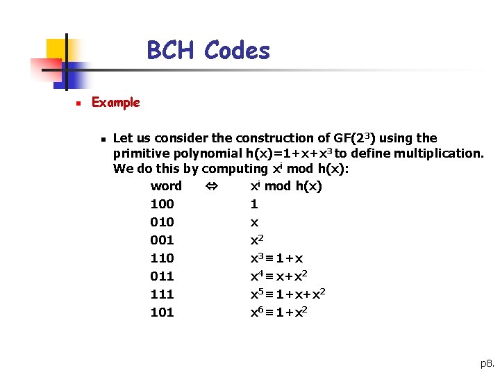 BCH Codes n Example n Let us consider the construction of GF(23) using the BCH Codes n Example n Let us consider the construction of GF(23) using the