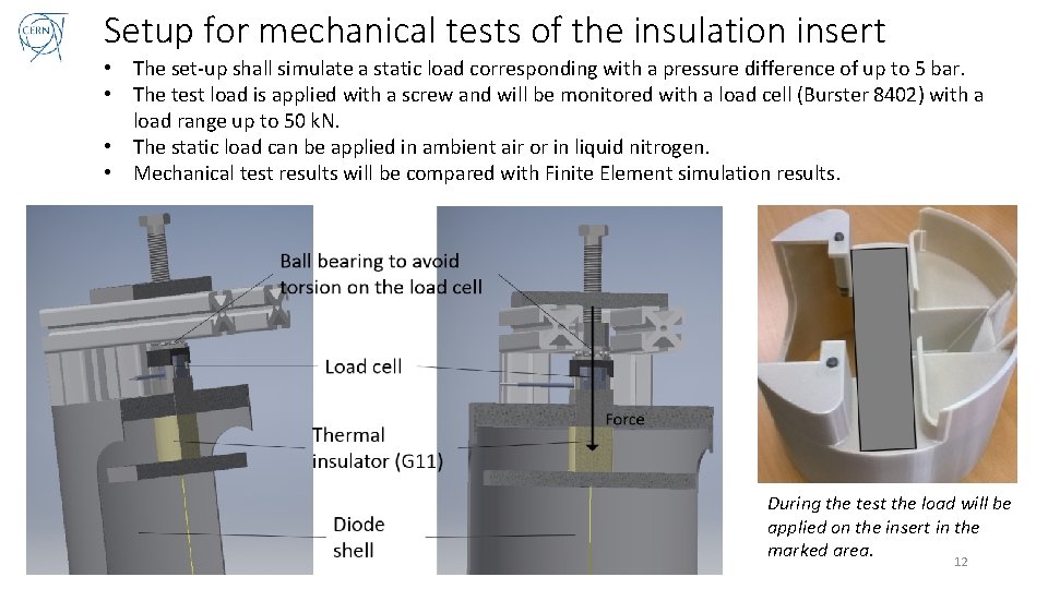 Setup for mechanical tests of the insulation insert • The set-up shall simulate a
