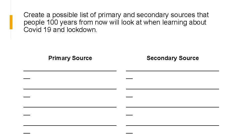 Create a possible list of primary and secondary sources that people 100 years from