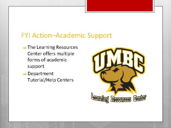 FYI Action–Academic Support The Learning Resources Center offers multiple forms of academic support Department