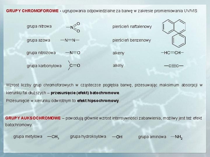 GRUPY CHROMOFOROWE - ugrupowania odpowiedzialne za barwę w zakresie promieniowania UV/VIS grupa nitrowa pierścień