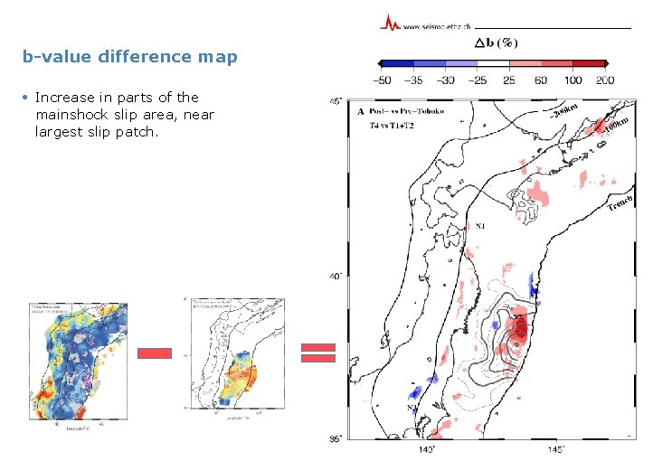 b-value difference map • Increase in parts of the mainshock slip area, near largest