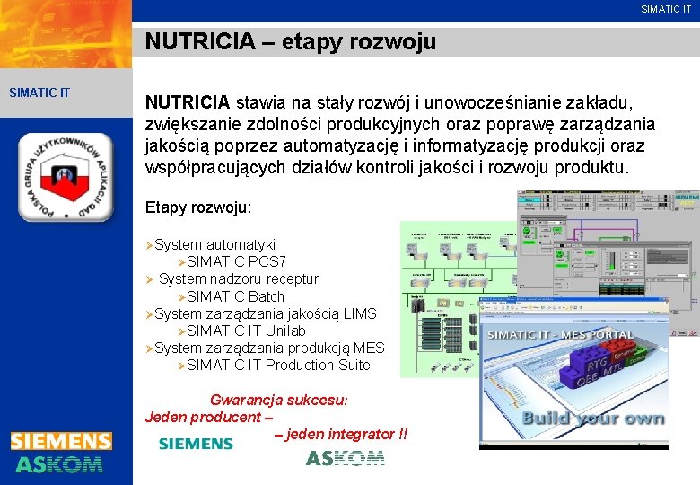 SIMATIC IT NUTRICIA – etapy rozwoju SIMATIC IT NUTRICIA stawia na stały rozwój i