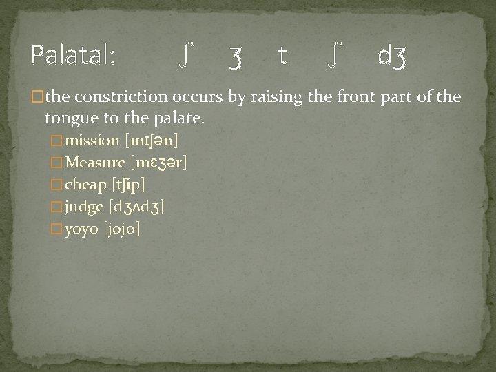 Palatal: ʃ ʒ t ʃ dʒ �the constriction occurs by raising the front part