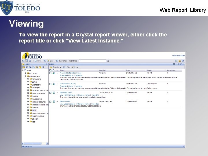  Web Report Library Viewing To view the report in a Crystal report viewer,