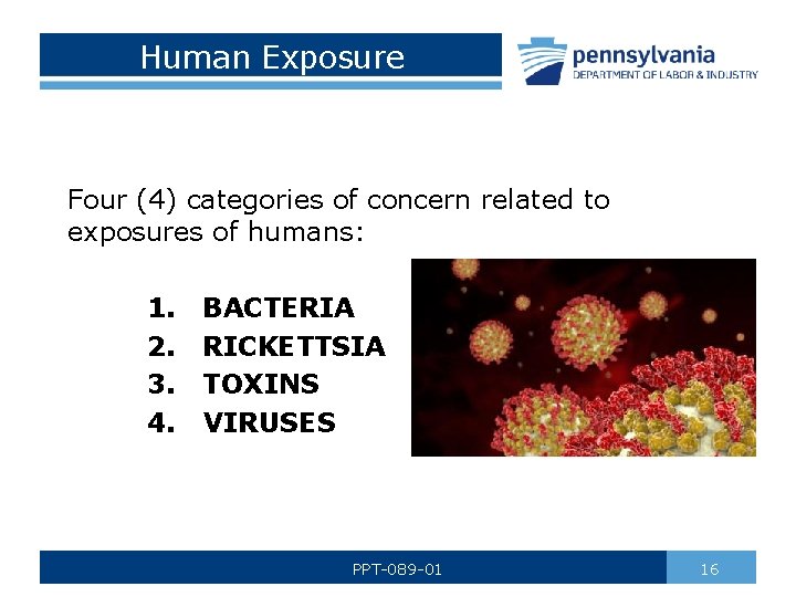 Human Exposure Four (4) categories of concern related to exposures of humans: 1. 2.