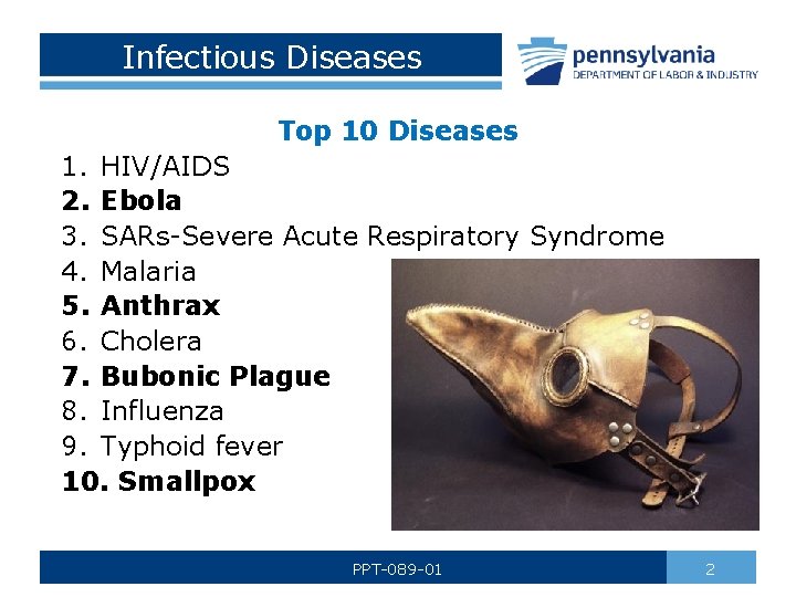 Infectious Diseases Top 10 Diseases 1. HIV/AIDS 2. Ebola 3. SARs-Severe Acute Respiratory Syndrome