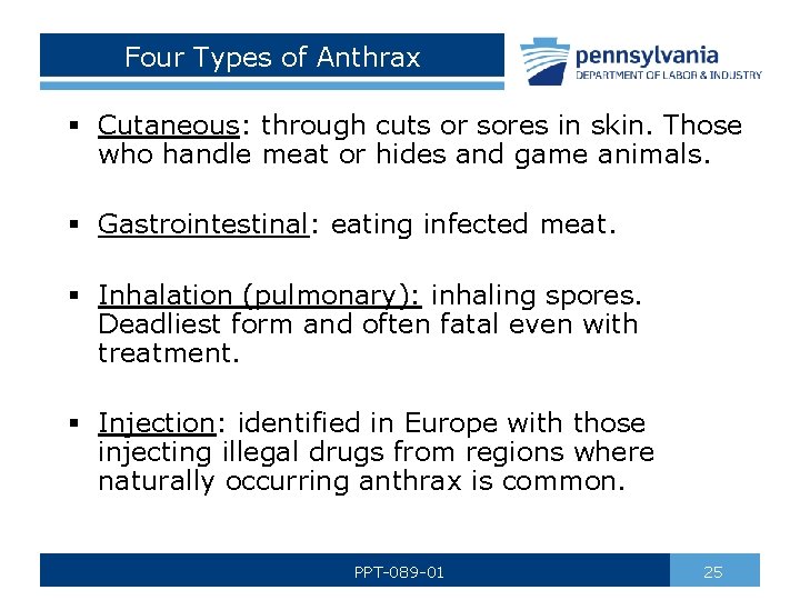Four Types of Anthrax § Cutaneous: through cuts or sores in skin. Those who