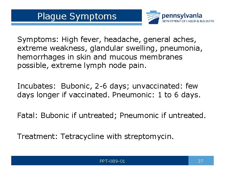 Plague Symptoms: High fever, headache, general aches, extreme weakness, glandular swelling, pneumonia, hemorrhages in