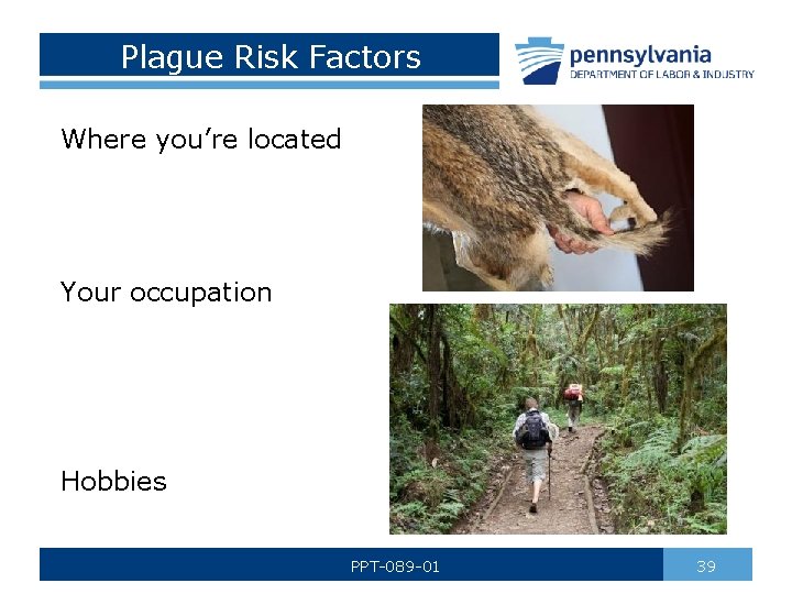 Plague Risk Factors Where you’re located Your occupation Hobbies PPT-089 -01 39 
