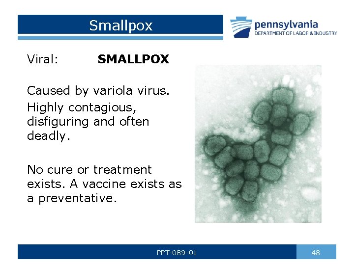 Smallpox Viral: SMALLPOX Caused by variola virus. Highly contagious, disfiguring and often deadly. No