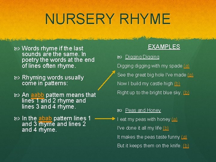 NURSERY RHYME Words rhyme if the last sounds are the same. In poetry the NURSERY RHYME Words rhyme if the last sounds are the same. In poetry the