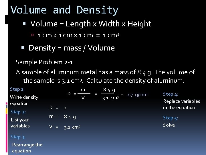 Volume and Density Volume = Length x Width x Height 1 cm x 1