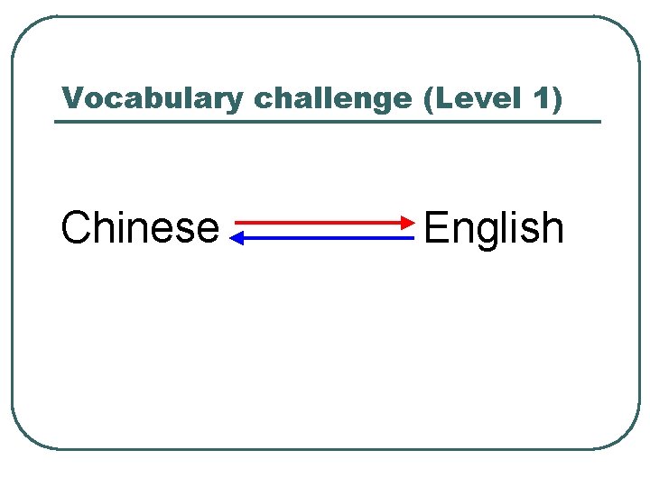 Vocabulary challenge (Level 1) Chinese English 