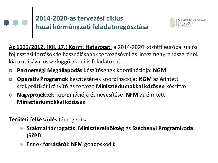 2014 -2020 -as tervezési ciklus hazai kormányzati feladatmegosztása Az 1600/2012. (XII. 17. ) Korm.