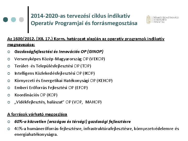 2014 -2020 -as tervezési ciklus indikatív Operatív Programjai és forrásmegosztása Az 1600/2012. (XII. 17.