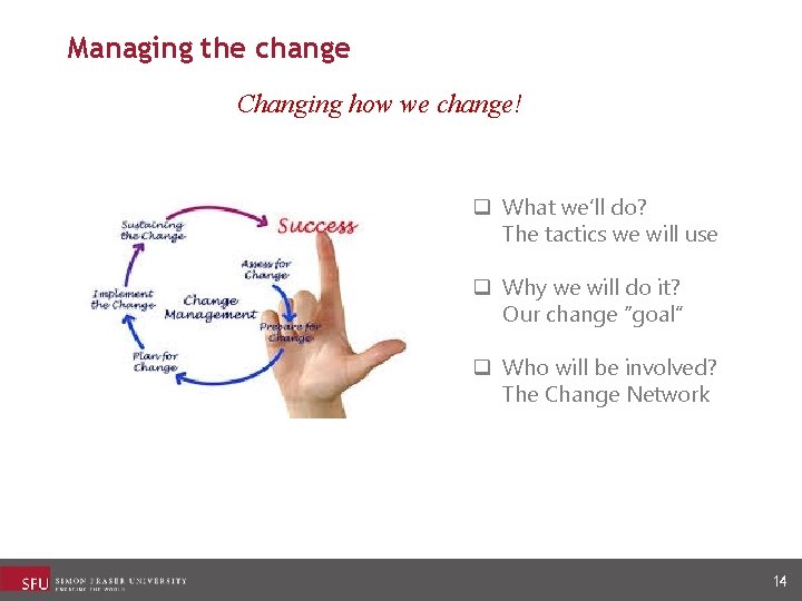 Managing the change Changing how we change! q What we’ll do? The tactics we