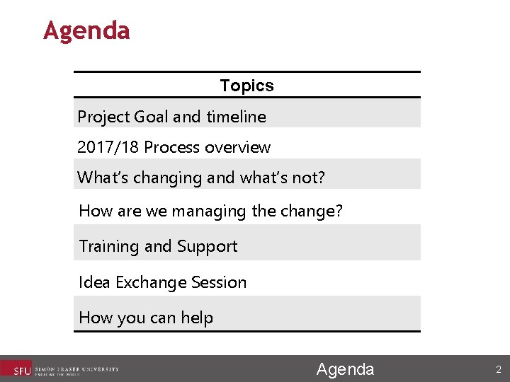 Agenda Topics Project Goal and timeline 2017/18 Process overview What’s changing and what’s not?