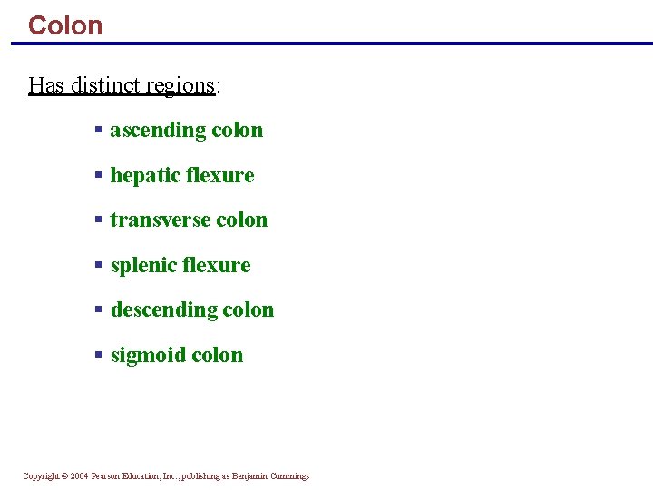 Colon Has distinct regions: § ascending colon § hepatic flexure § transverse colon §