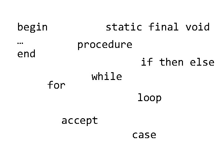 begin … end static final void procedure if then else for while loop accept