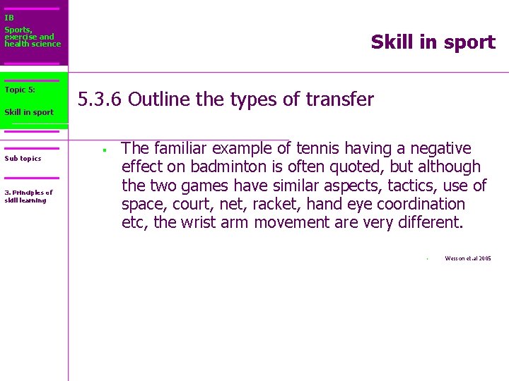 IB Sports, exercise and health science Topic 5: Core 2: Skill in sport Sub
