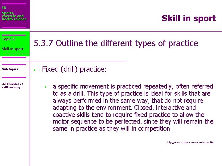 IB Sports, exercise and health science Topic 5: Core 2: Skill in sport Sub