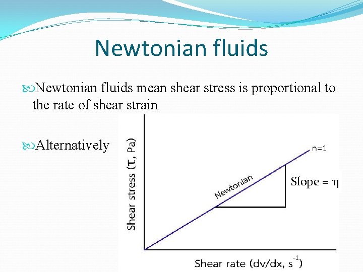 Newtonian fluids mean shear stress is proportional to the rate of shear strain Alternatively