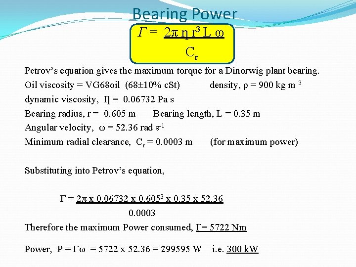 Bearing Power Γ = 2π ƞ r 3 L ω Cr Petrov’s equation gives