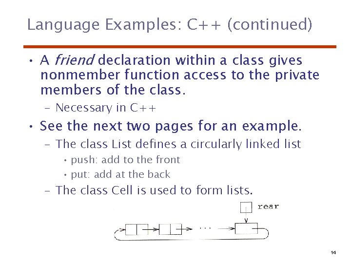 Language Examples: C++ (continued) • A friend declaration within a class gives nonmember function