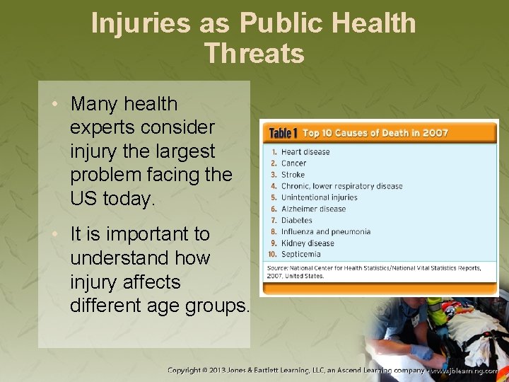 Injuries as Public Health Threats • Many health experts consider injury the largest problem