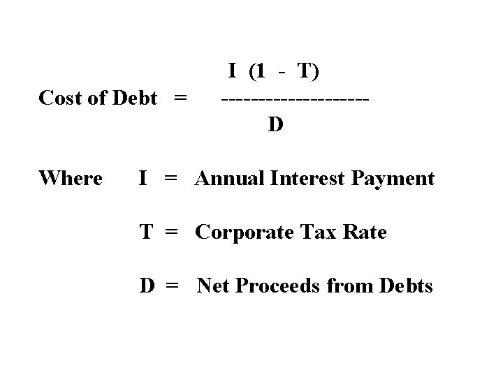 Cost of Debt = Where I (1 - T) ----------D I = Annual Interest