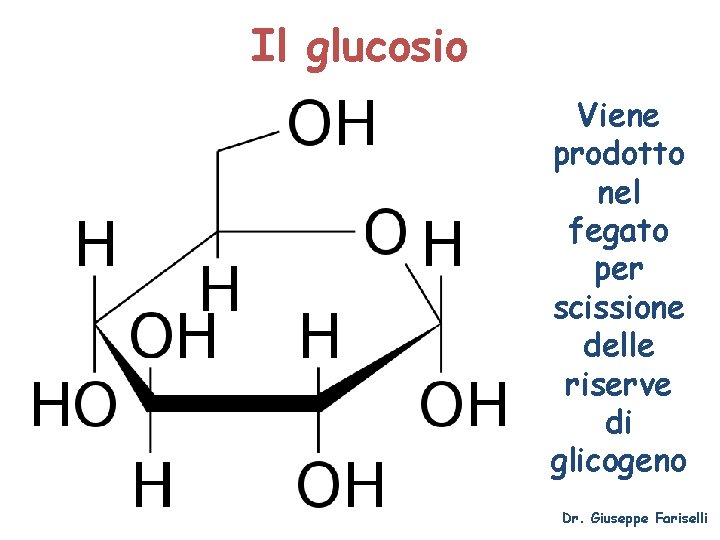 Il glucosio Viene prodotto nel fegato per scissione delle riserve di glicogeno Dr. Giuseppe