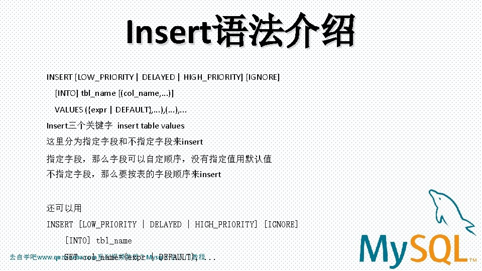 Insert语法介绍 INSERT [LOW_PRIORITY | DELAYED | HIGH_PRIORITY] [IGNORE] [INTO] tbl_name [(col_name, . . .