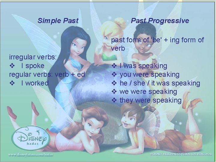 Simple Past irregular verbs: v I spoke regular verbs: verb + ed v I
