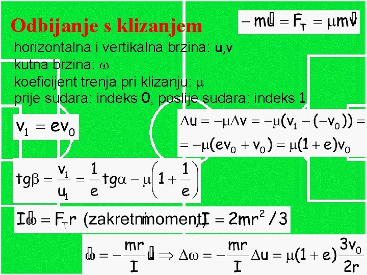 Odbijanje s klizanjem horizontalna i vertikalna brzina: u, v kutna brzina: koeficijent trenja pri