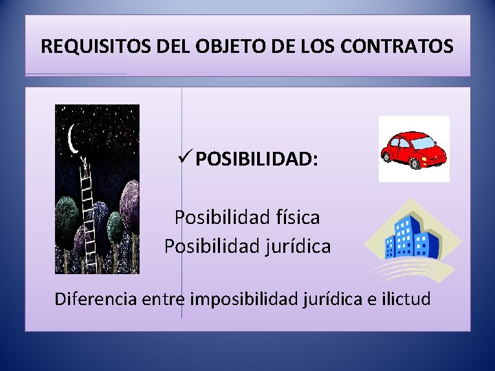REQUISITOS DEL OBJETO DE LOS CONTRATOS ü POSIBILIDAD: Posibilidad física Posibilidad jurídica Diferencia entre