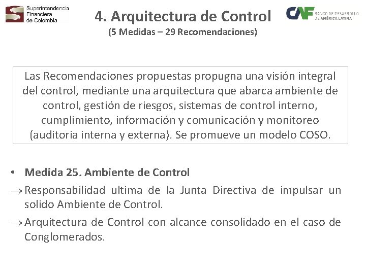 4. Arquitectura de Control (5 Medidas – 29 Recomendaciones) Las Recomendaciones propuestas propugna una