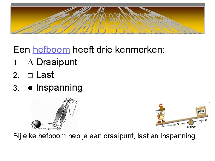 Een hefboom heeft drie kenmerken: 1. ∆ Draaipunt 2. □ Last 3. ● Inspanning