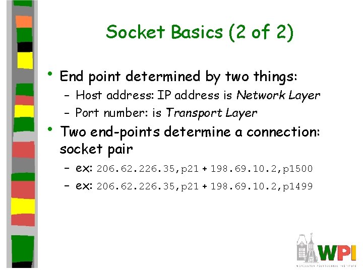 Socket Basics (2 of 2) • End point determined by two things: – Host