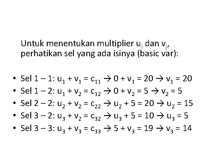 Untuk menentukan multiplier ui dan vj, perhatikan sel yang ada isinya (basic var): •