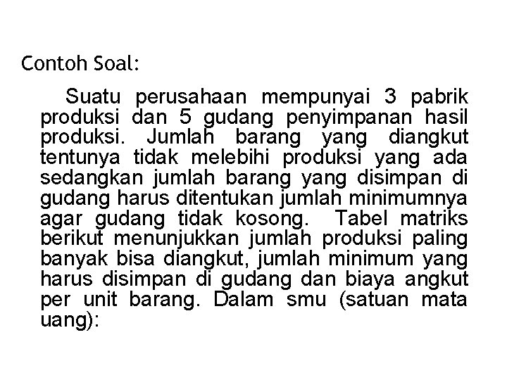 Contoh Soal: Suatu perusahaan mempunyai 3 pabrik produksi dan 5 gudang penyimpanan hasil produksi.