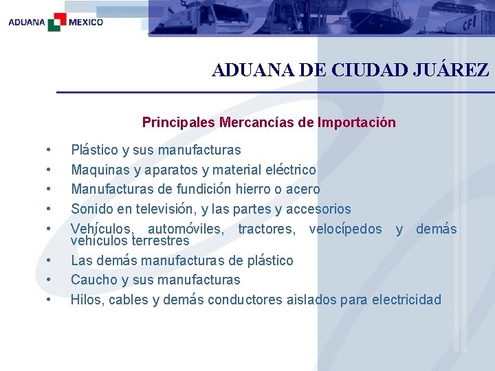 ADUANA DE CIUDAD JUÁREZ Principales Mercancías de Importación • • Plástico y sus manufacturas