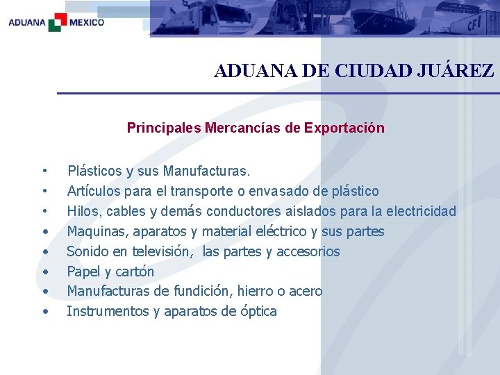 ADUANA DE CIUDAD JUÁREZ Principales Mercancías de Exportación • • Plásticos y sus Manufacturas.