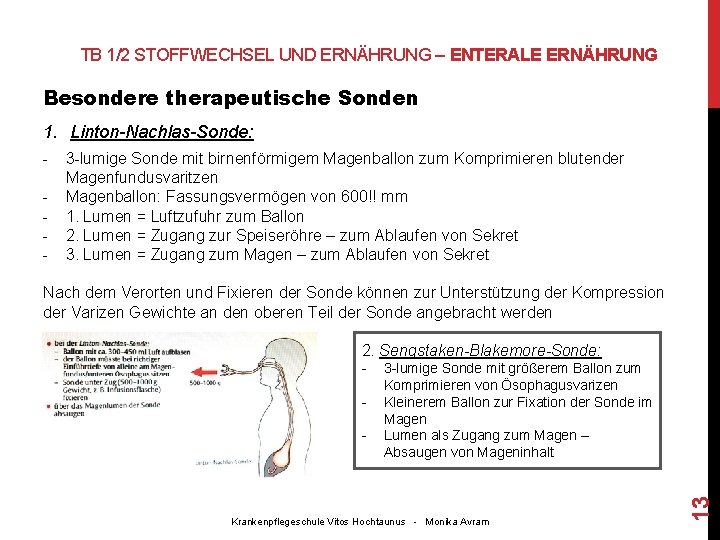 TB 1/2 STOFFWECHSEL UND ERNÄHRUNG – ENTERALE ERNÄHRUNG Besondere therapeutische Sonden 1. Linton-Nachlas-Sonde: -