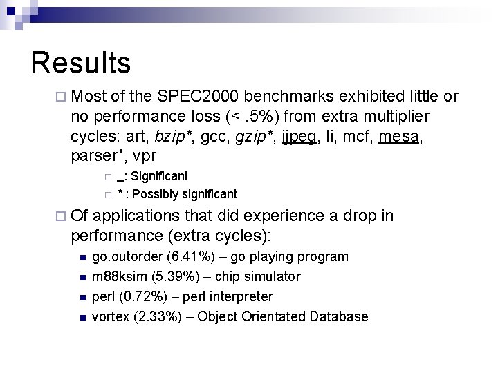 Results ¨ Most of the SPEC 2000 benchmarks exhibited little or no performance loss Results ¨ Most of the SPEC 2000 benchmarks exhibited little or no performance loss